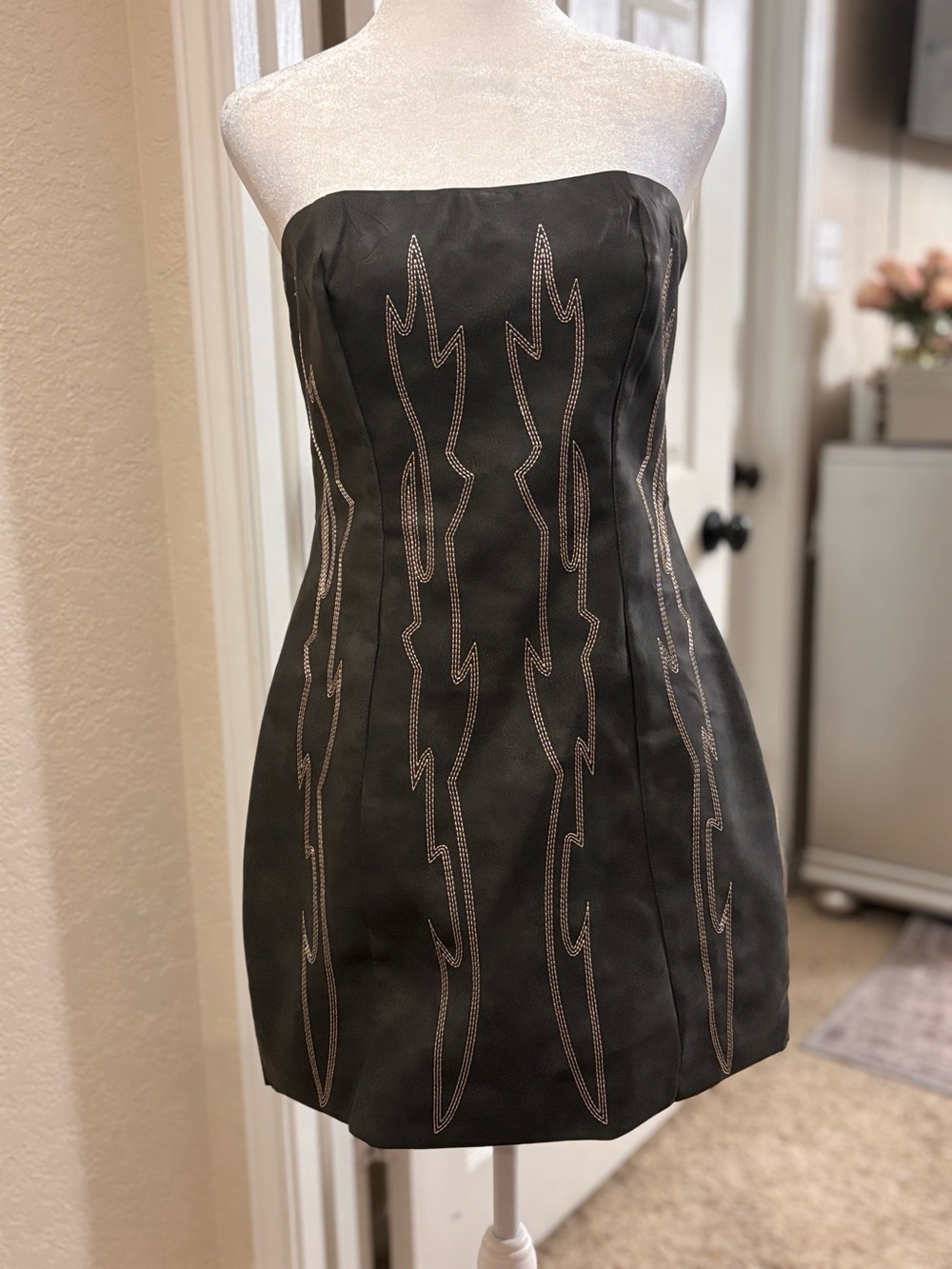 Strapless Black Mini Dress with Contrast Stitching faux leather